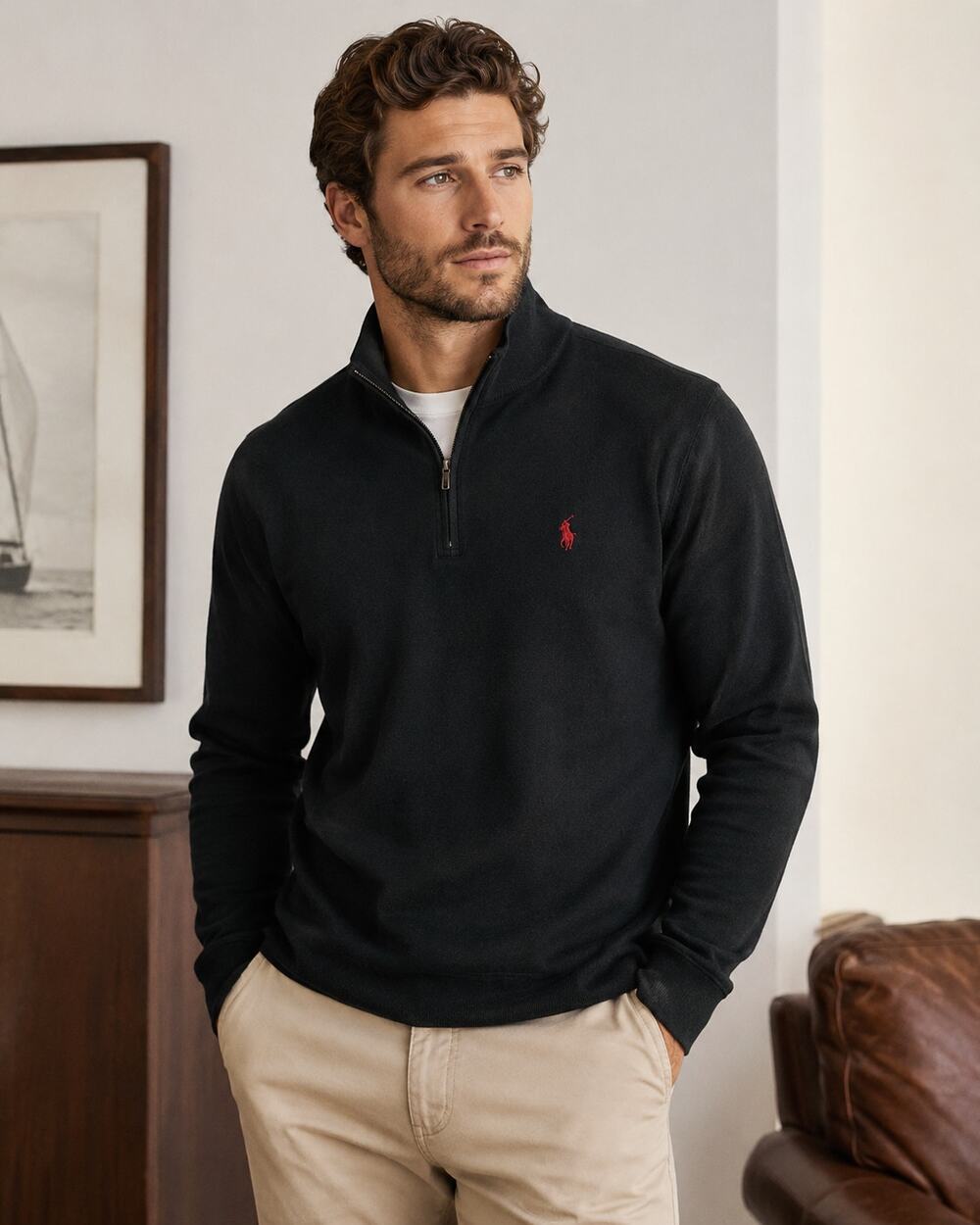 Polo Ralph Lauren Men’s Black 1/4 Zip Pullover Sweater Pima Cotton Red Pony M